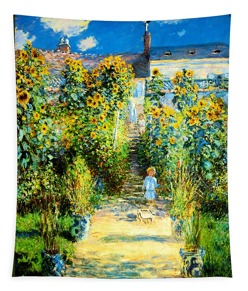 Claude Monet Tapestry featuring the painting The Artists Garden at Vetheuil 1880 by Claude Monet