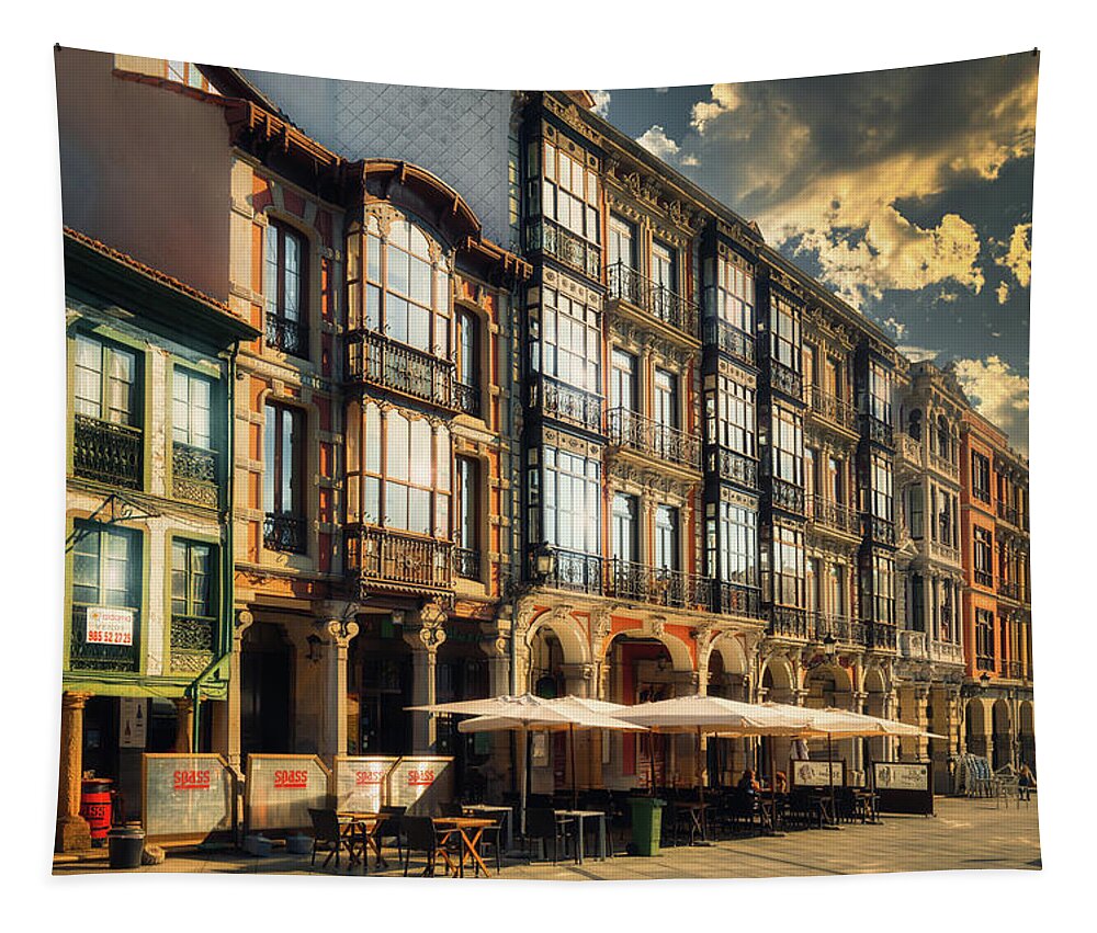 Typical Tapestry featuring the photograph The balconies street of Aviles by Micah Offman