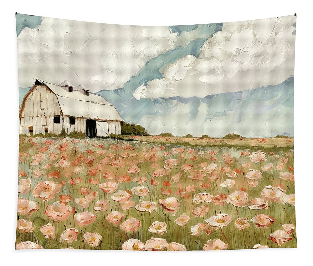 Barn Tapestry featuring the painting The Barn In The Poppies by Tina LeCour
