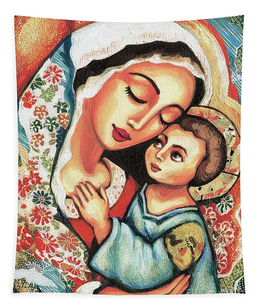 Mother And Child Tapestry featuring the painting The Blessed Mother by Eva Campbell