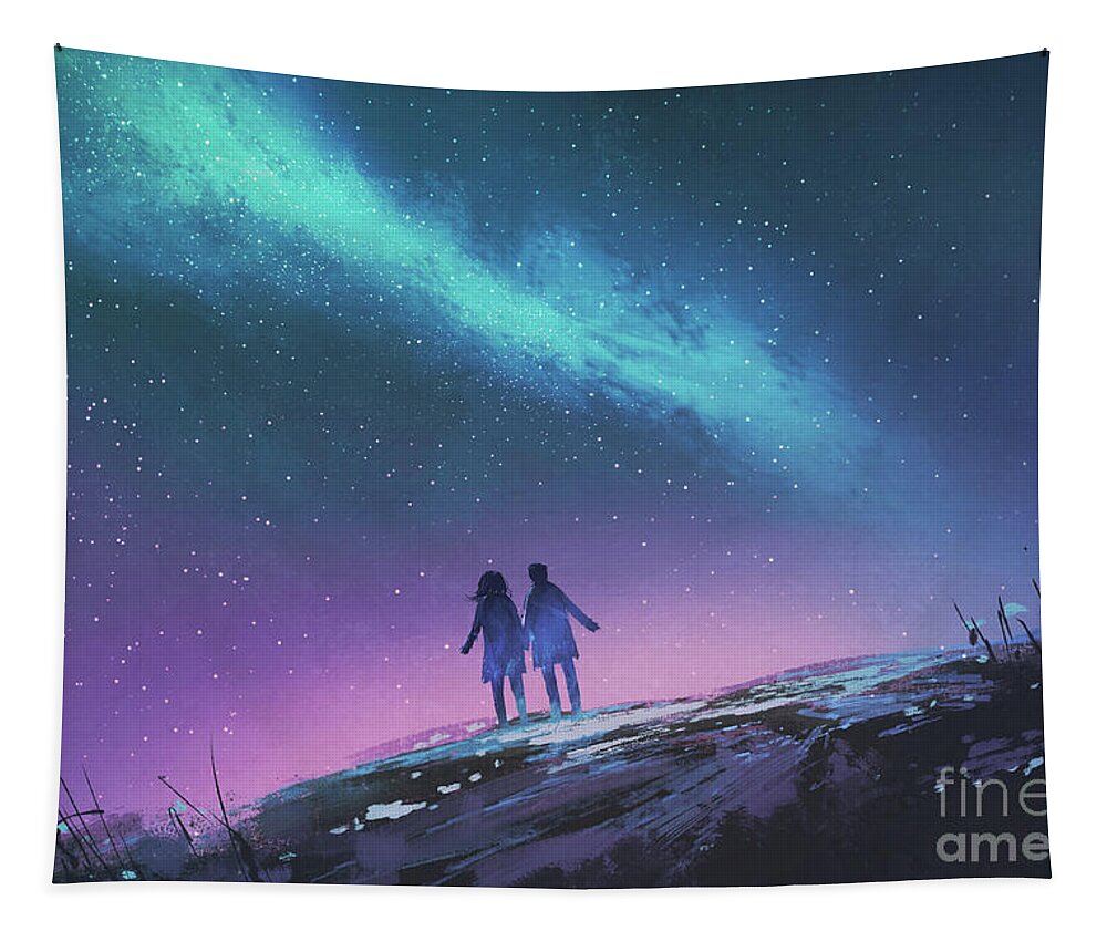 Acrylic Tapestry featuring the painting The Blue Light In The Night Sky by Tithi Luadthong