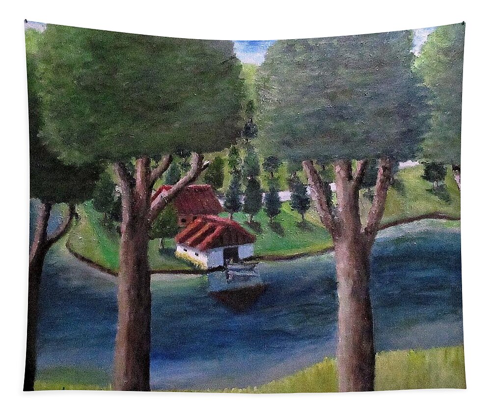 Landscape Tapestry featuring the painting The Boat House by Gregory Dorosh