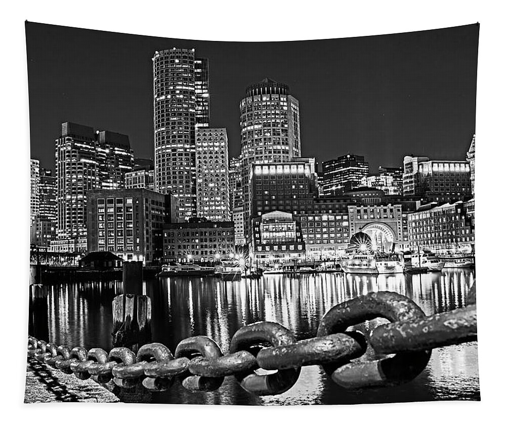 Boston Tapestry featuring the photograph The Boston Skyline Reflected in Fort Point Channel at Night Boston Massachusetts Black and White by Toby McGuire