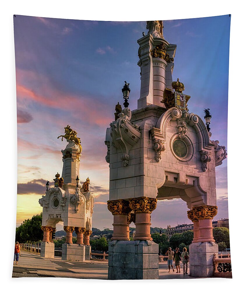 San Sebastian Tapestry featuring the photograph The bridge with the obelisks by Micah Offman