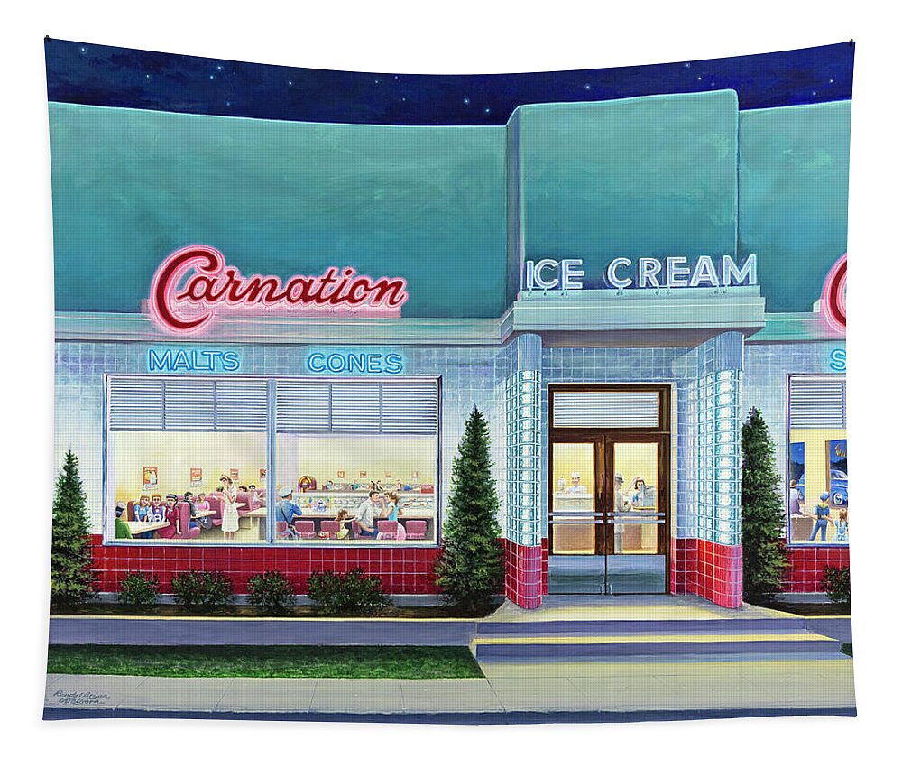 Carnation Ice Cream Restaurant Tapestry featuring the painting The Carnation Ice Cream Shop by Randy Welborn