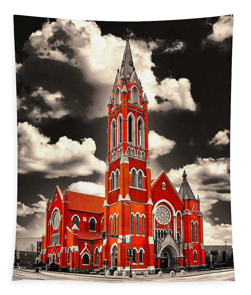 Cathedral Shrine Of The Virgin Of Guadalupe Tapestry featuring the digital art The Cathedral Shrine of the Virgin of Guadalupe in Dallas, Texas, isolated on black and white by Nicko Prints