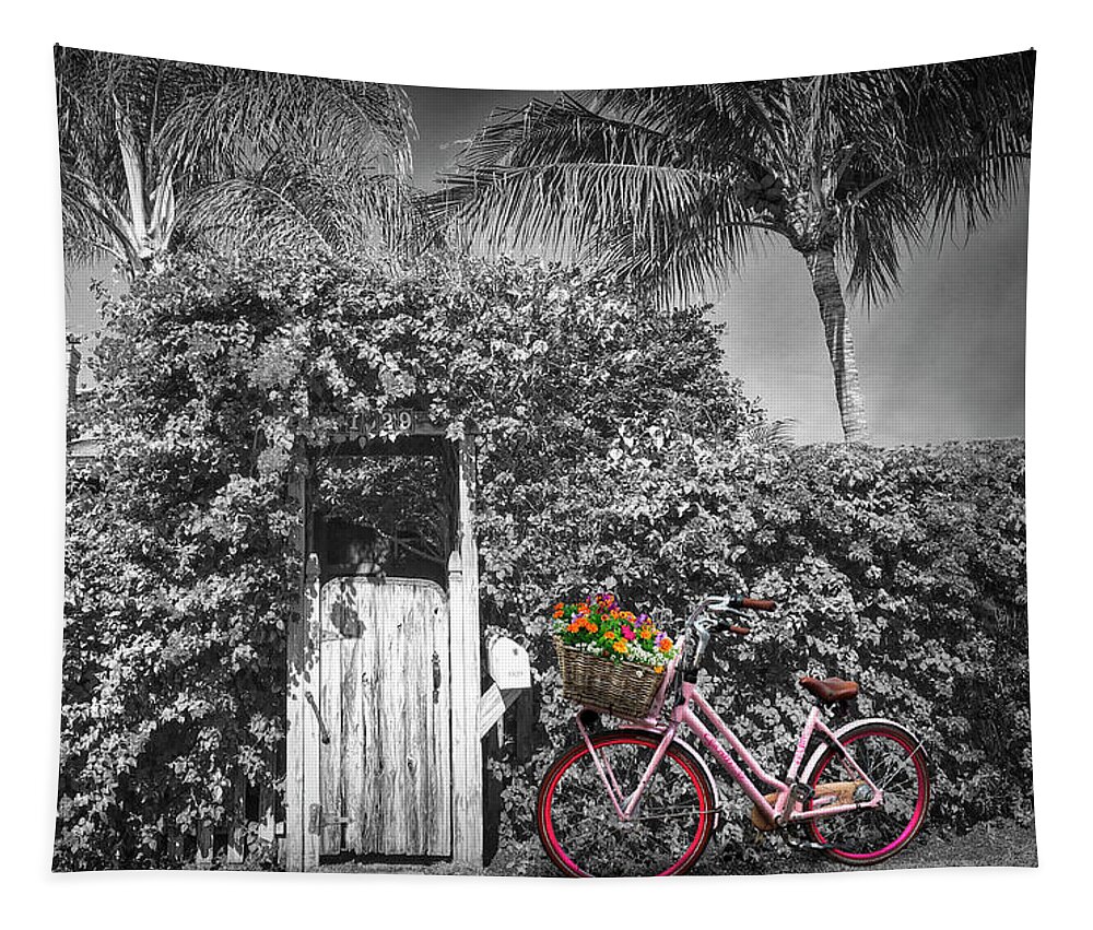 Clouds Tapestry featuring the photograph The Charm of a Garden Gate in Black and White with Selected Colo by Debra and Dave Vanderlaan