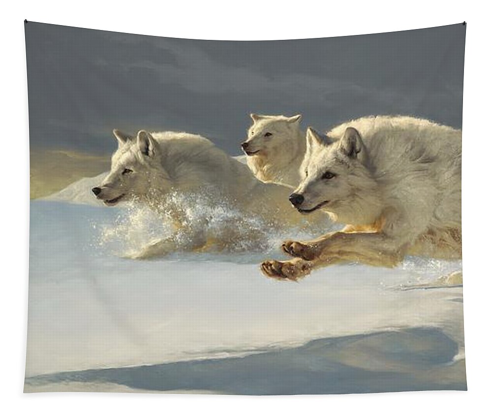 Wolf Wolf Pack Arctic Wolf Alpha Greg Beecham Wildlife Animal Painting Print Oil Painting Oil On Linen Tapestry featuring the painting The Chase by Greg Beecham