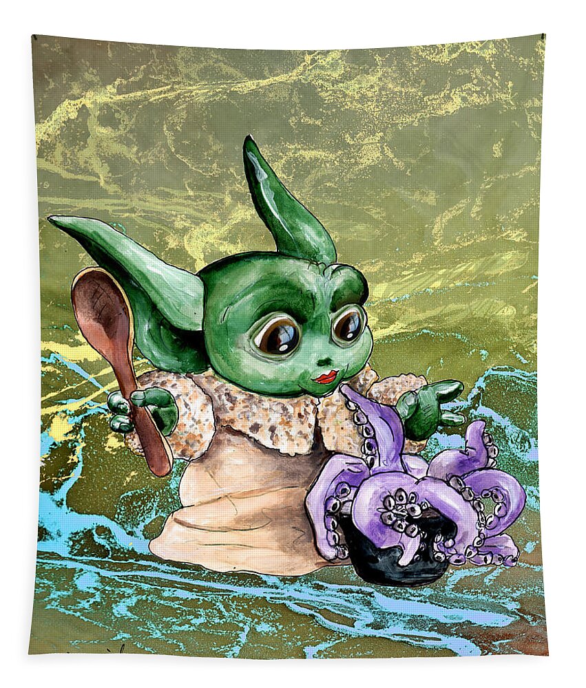Watercolour Tapestry featuring the painting The Child Yoda 05 by Miki De Goodaboom