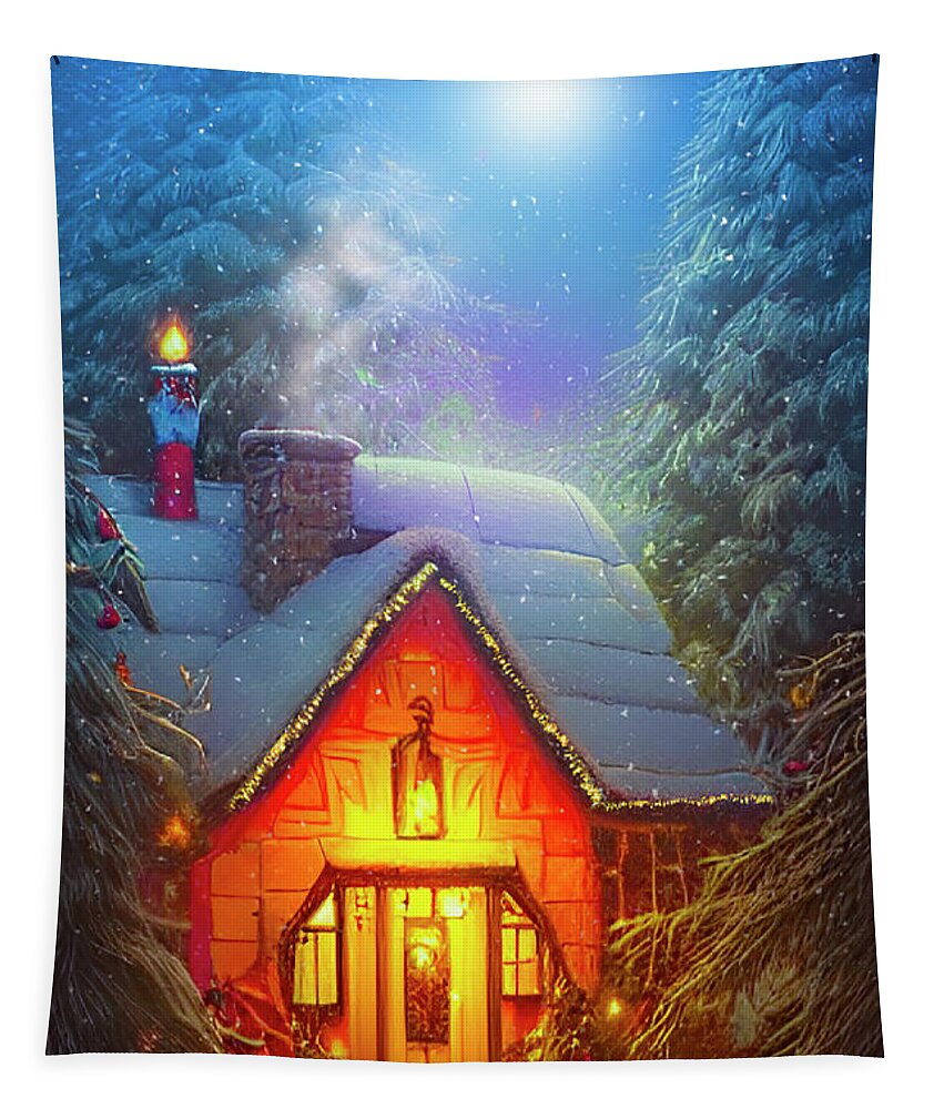 Christmas Tapestry featuring the digital art The Christmas Cottage Greeting by Mark Andrew Thomas