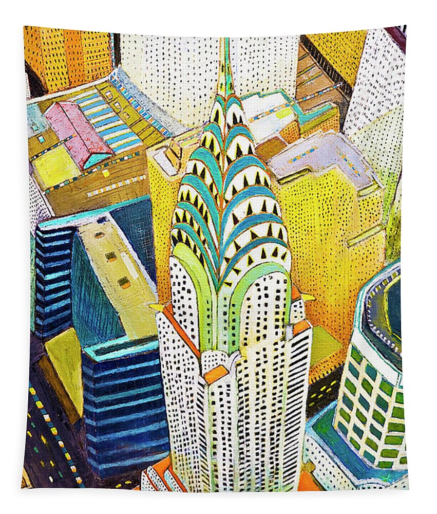Nyc Skyline Painting Tapestry featuring the painting The Chrysler of Manhattan NYC skyline with Chrysler building by Habib Ayat