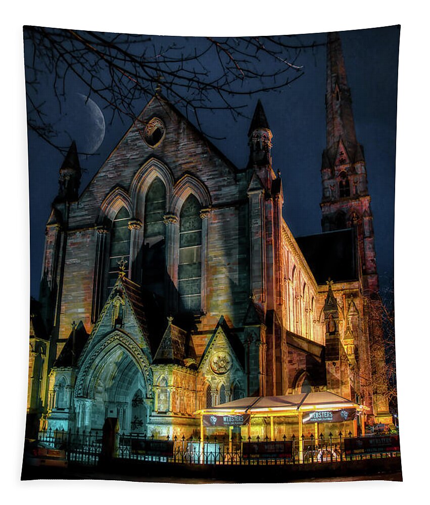 Night Photography Tapestry featuring the photograph The Church that became a playhouse by Micah Offman