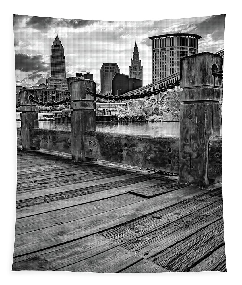 Cleveland Skyline Tapestry featuring the photograph The Cleveland Skyline From Heritage Park - Black and White by Gregory Ballos