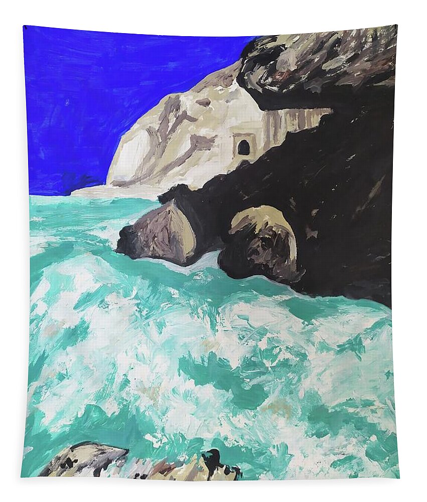 The Cliffs Of Rosh Hanikra Tapestry featuring the painting The Cliffs of Rosh Hanikra by Esther Newman-Cohen