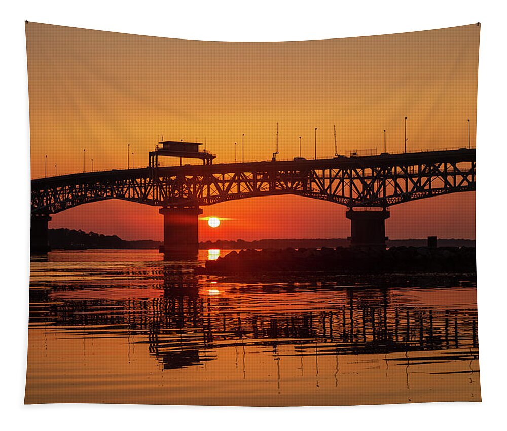 Yorktown Tapestry featuring the photograph The Coleman Bridge at Sunrise by Lara Morrison