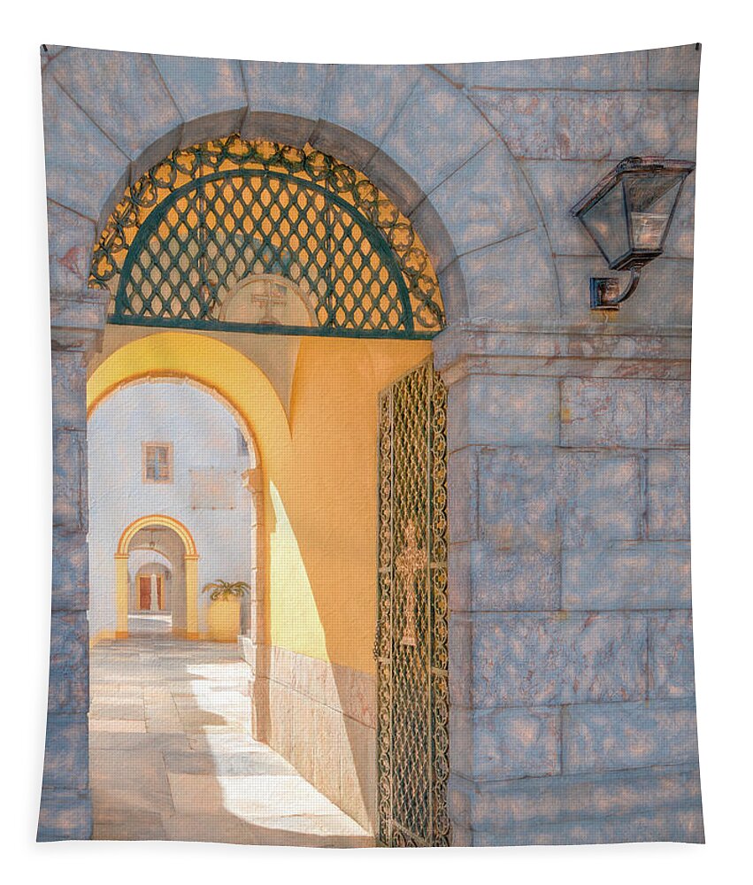 Greece Tapestry featuring the photograph The Courtyard by Marcy Wielfaert