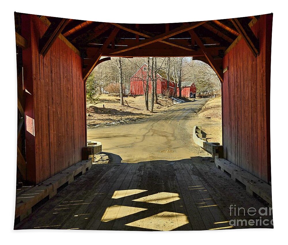 Green River Covered Bridge Tapestry featuring the photograph The Covered Bridge and Red Barn by Steve Brown