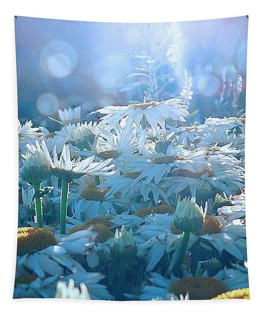 Cyan Bokeh Tapestry featuring the digital art The Daisy Sea by Artography Pamela Smale Williams