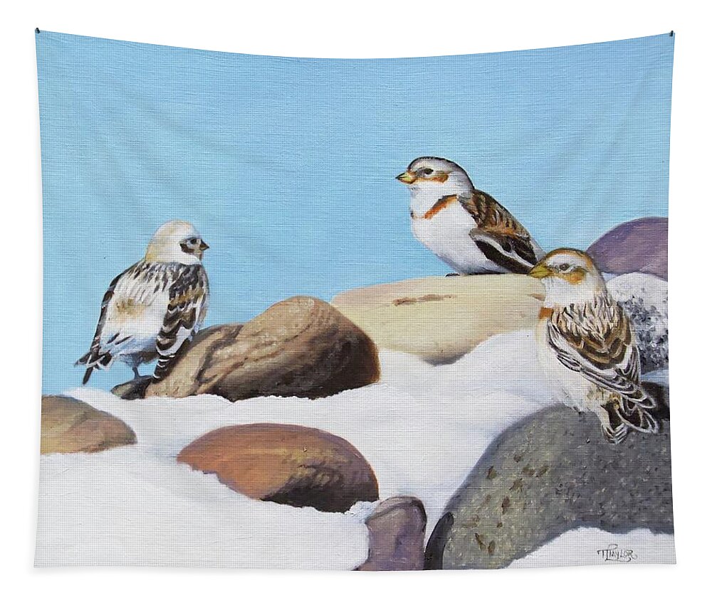 Snow Buntings Tapestry featuring the painting The Debate by Tammy Taylor