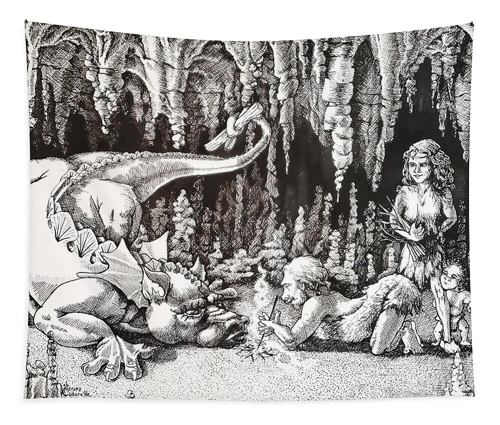 Dinosaur Tapestry featuring the drawing The Discovery of Fire by Merana Cadorette