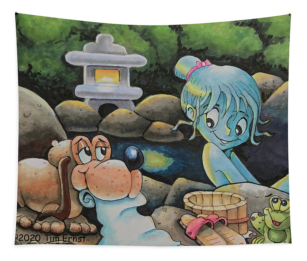 Onsen Tapestry featuring the drawing The doggie and the bather by Tim Ernst