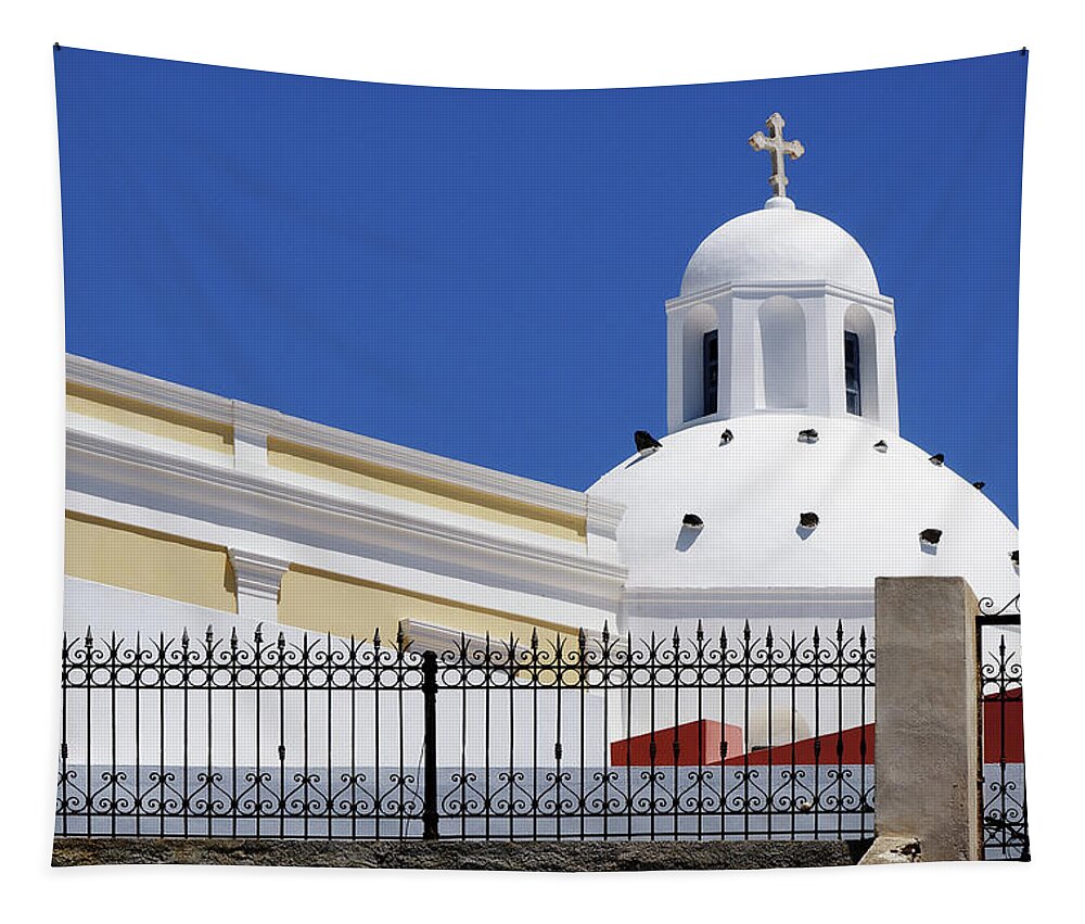 The Dome Behind The Fence Tapestry featuring the photograph The Dome Behind the Fence -- Santorini Dominican Convent in Santorini, Greece by Darin Volpe