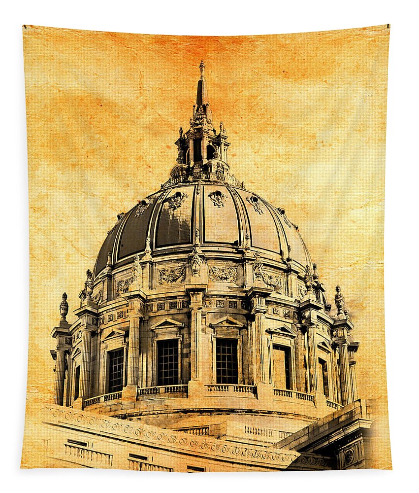San Francisco City Hall Tapestry featuring the digital art The dome of the San Francisco City Hall blended on old paper by Nicko Prints
