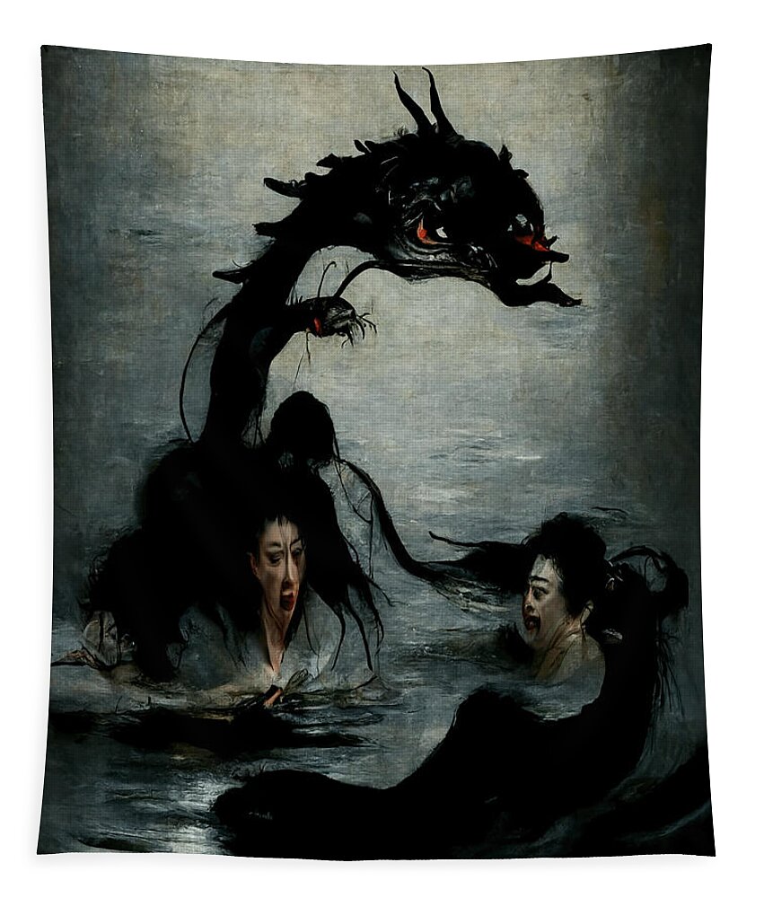 Horror Tapestry featuring the drawing The Embrace of Black Dragons by Ryan Nieves