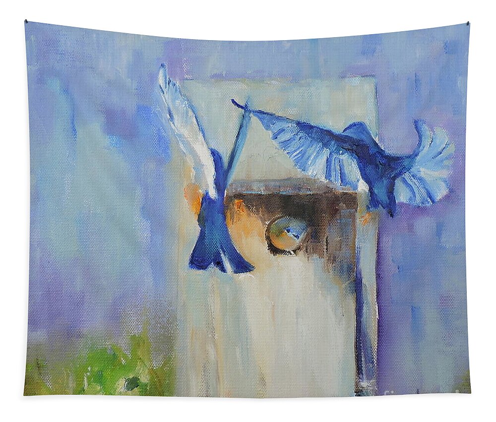Bluebirds Tapestry featuring the painting The Family by Jodie Marie Anne Richardson Traugott     aka jm-ART