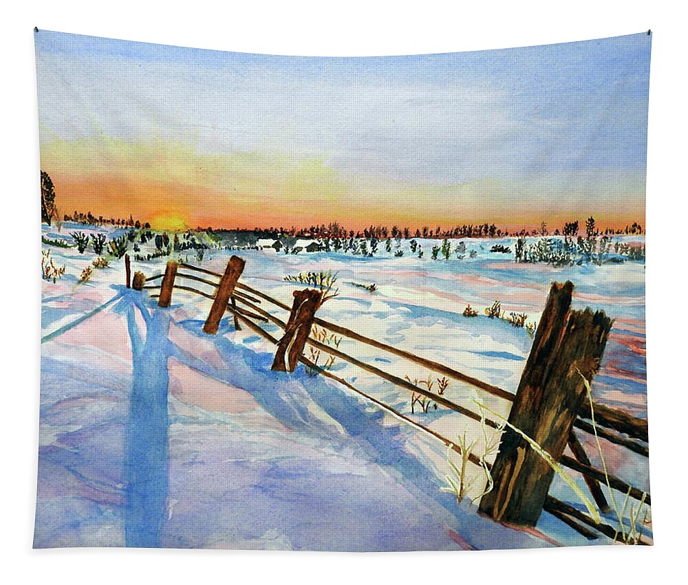 Snow Tapestry featuring the painting The Fence Line by Barbara F Johnson