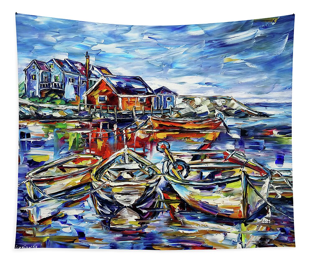 Nova Scotia Tapestry featuring the painting The Fishing Boats Of Peggy's Cove by Mirek Kuzniar