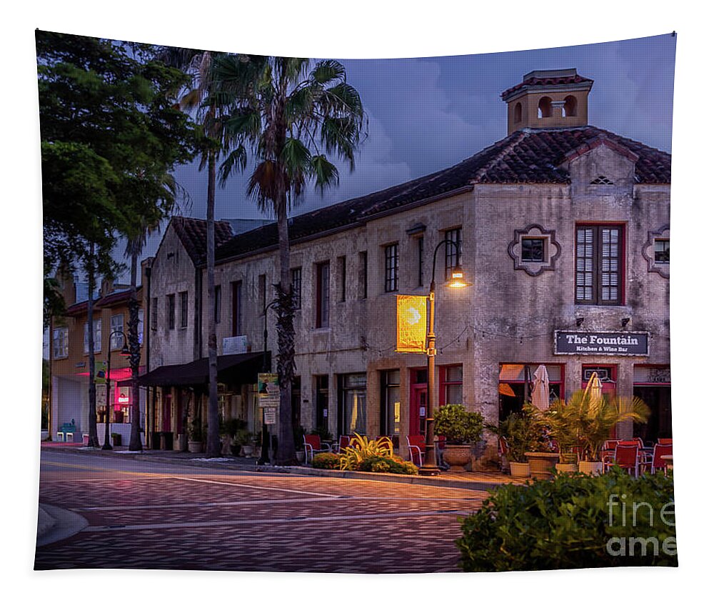 Michael Walsh Tapestry featuring the photograph The Fountain Kitchen and Wine Bar in Sarasota, Florida by Liesl Walsh
