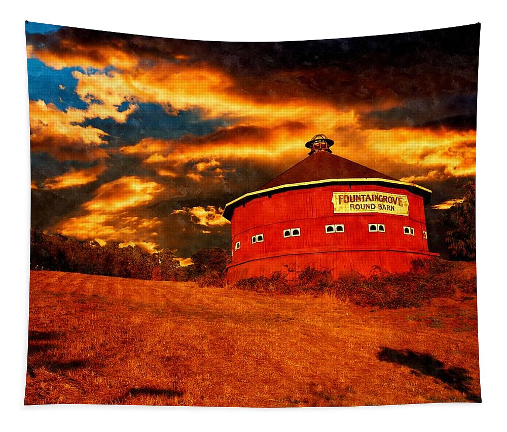 Fountaingrove Tapestry featuring the digital art The Fountaingrove Round Barn, near Santa Rosa, California, in sunset light by Nicko Prints