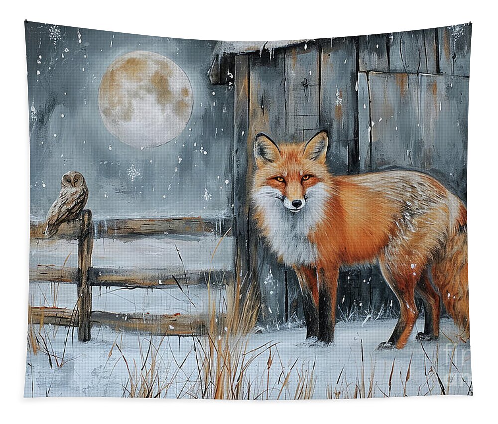 Fox Tapestry featuring the painting The Fox And The Owl by Tina LeCour