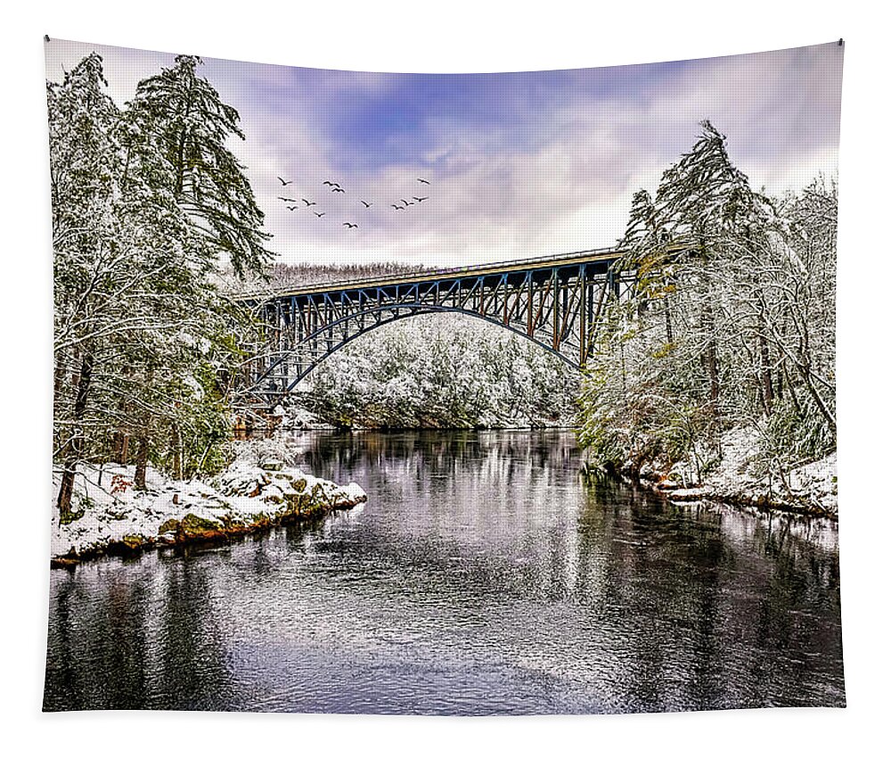 French King Bridge Tapestry featuring the photograph The French King Bridge in Winter by Mitchell R Grosky