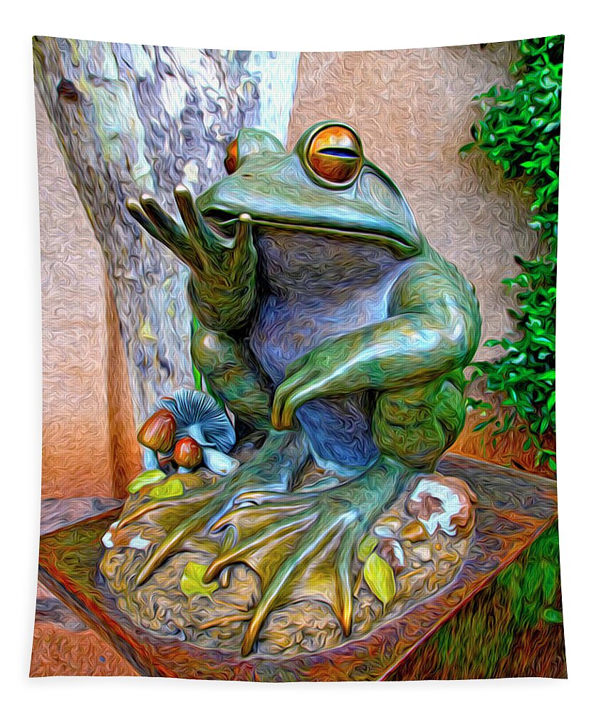 Fine Art Frog Photography. Frog Art. Wall Art Photography. Mixed Media Photography. Mixed Media Note Cards. Mixed Media Greeing Cards. Colord Frogs. Painted Frogs. Wall Art Frogs. Fine Art Frogs. Frogs. Fish. Water. Ponds. Frog Ponds. Water Fountion. Trees. Wall. Tapestry featuring the photograph The Frog by James Steele