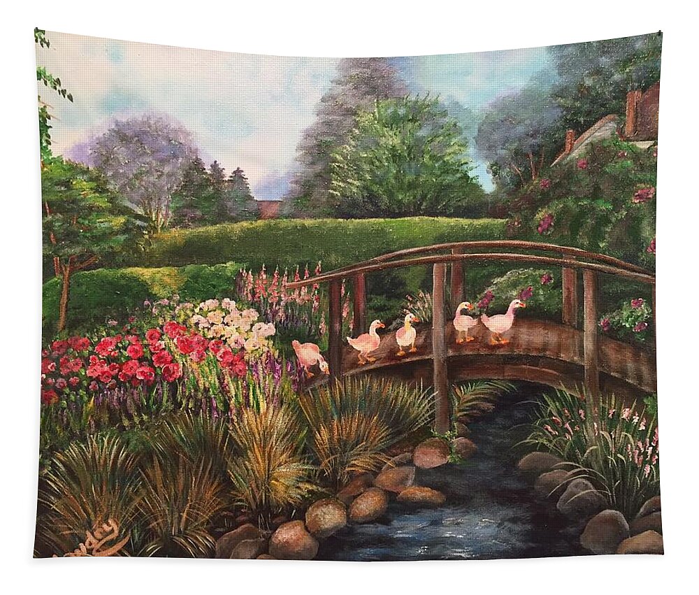 Garden Tapestry featuring the painting The Garden Bridge by Barbara Landry