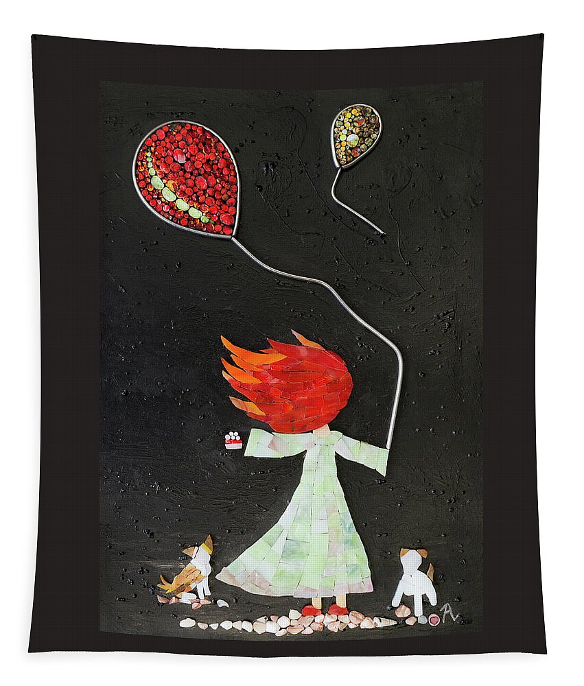 Girl Tapestry featuring the glass art The girl with two balloons and two small dogs by Adriana Zoon