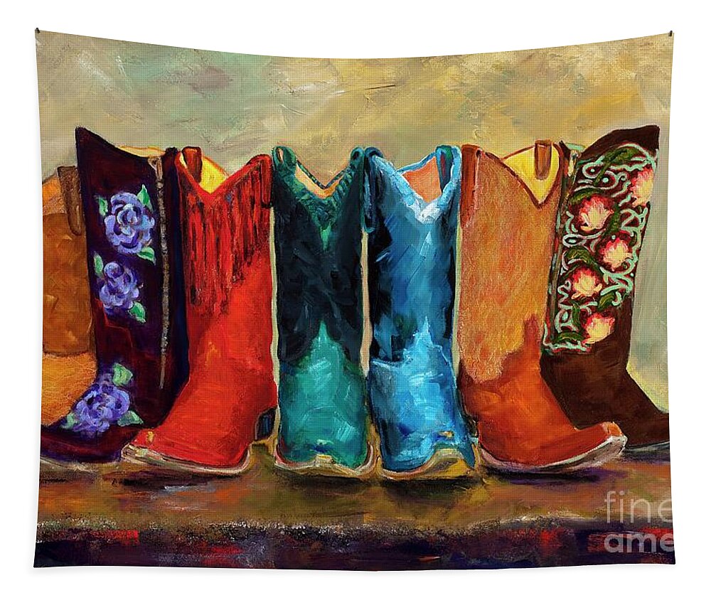Cowboy Boots Tapestry featuring the painting The Girls Are Back In Town by Frances Marino