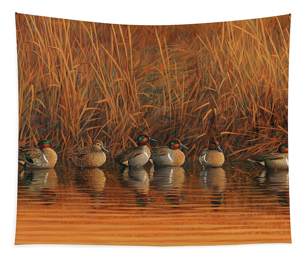 Mallards Tapestry featuring the painting The Good Spot by Guy Crittenden