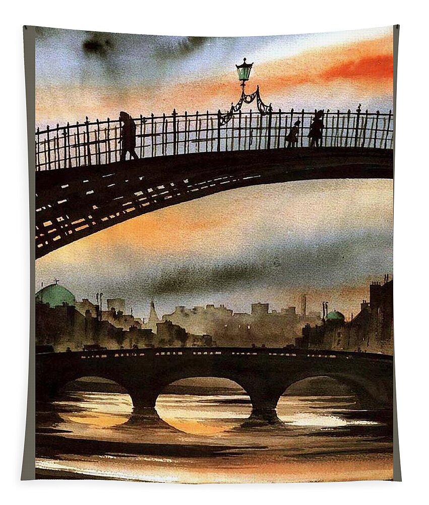  Tapestry featuring the painting The Ha'penny Bridge, River Liffey. by Val Byrne