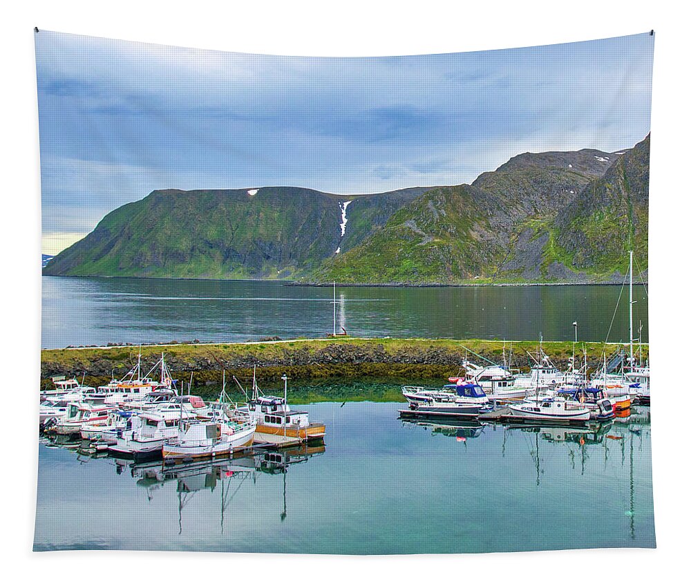 Boat Tapestry featuring the photograph The Harbor in Honningsvag, Norway by Matthew DeGrushe