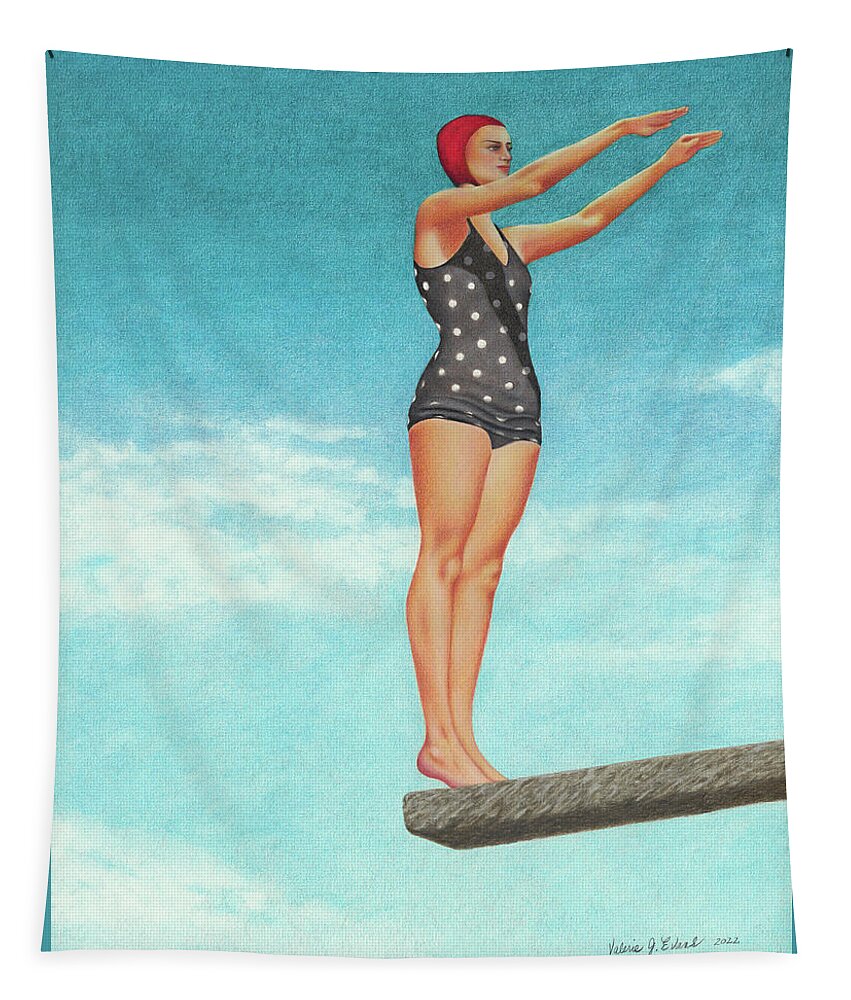 High Dive; Diving Board; Vintage Bathing Beauties; Red Swim Cap; Diving Competitions; Vintage Bathing Suits; Swimming; Polka Dot Swim Suit Tapestry featuring the painting The High Dive by Valerie Evans