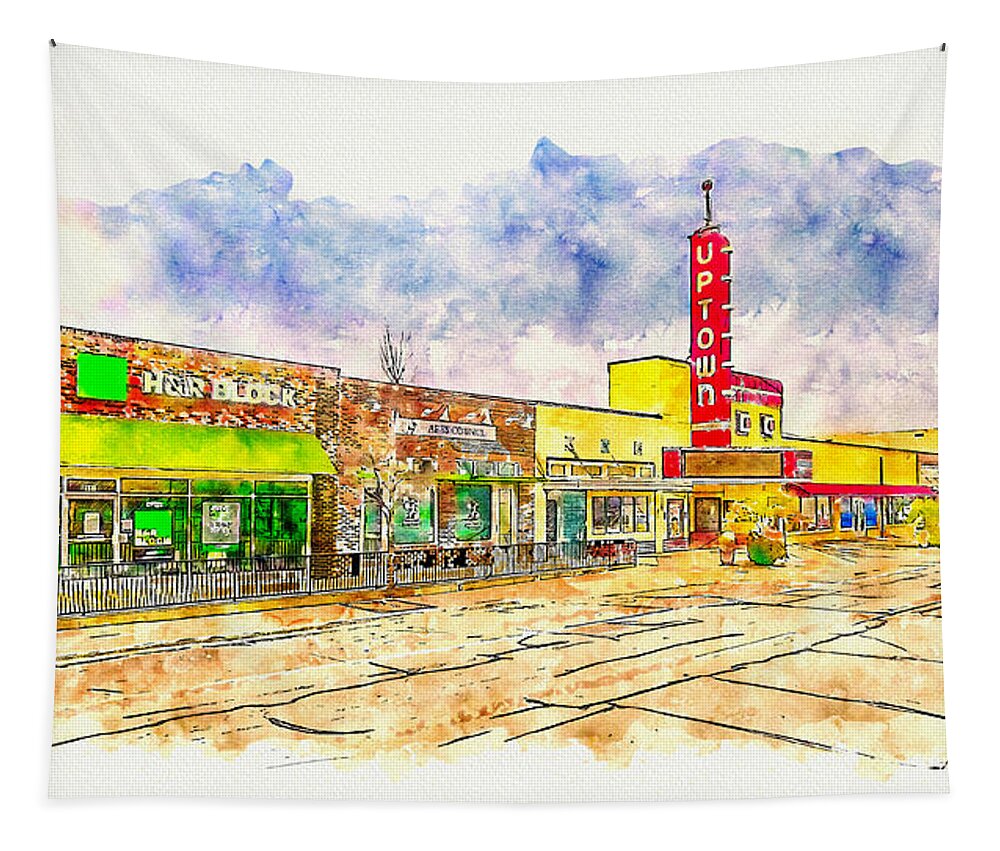 Uptown Theatre Tapestry featuring the digital art The historic Uptown Theatre in downtown Grand Prairie, Texas - pen sketch and watercolor by Nicko Prints
