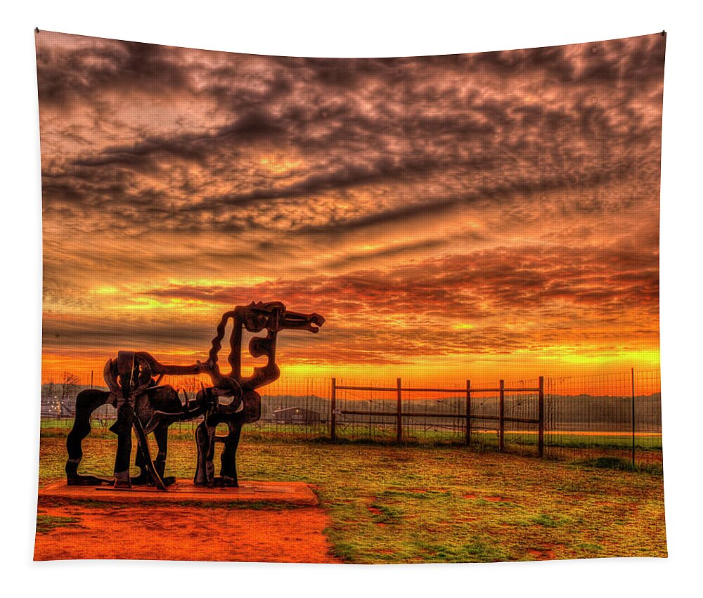 Reid Callaway The Iron Horse Sunup Tapestry featuring the photograph The Iron Horse Sunup 2 UGA Iron Horse Farm Agricultural Landscape Sculpture Art by Reid Callaway