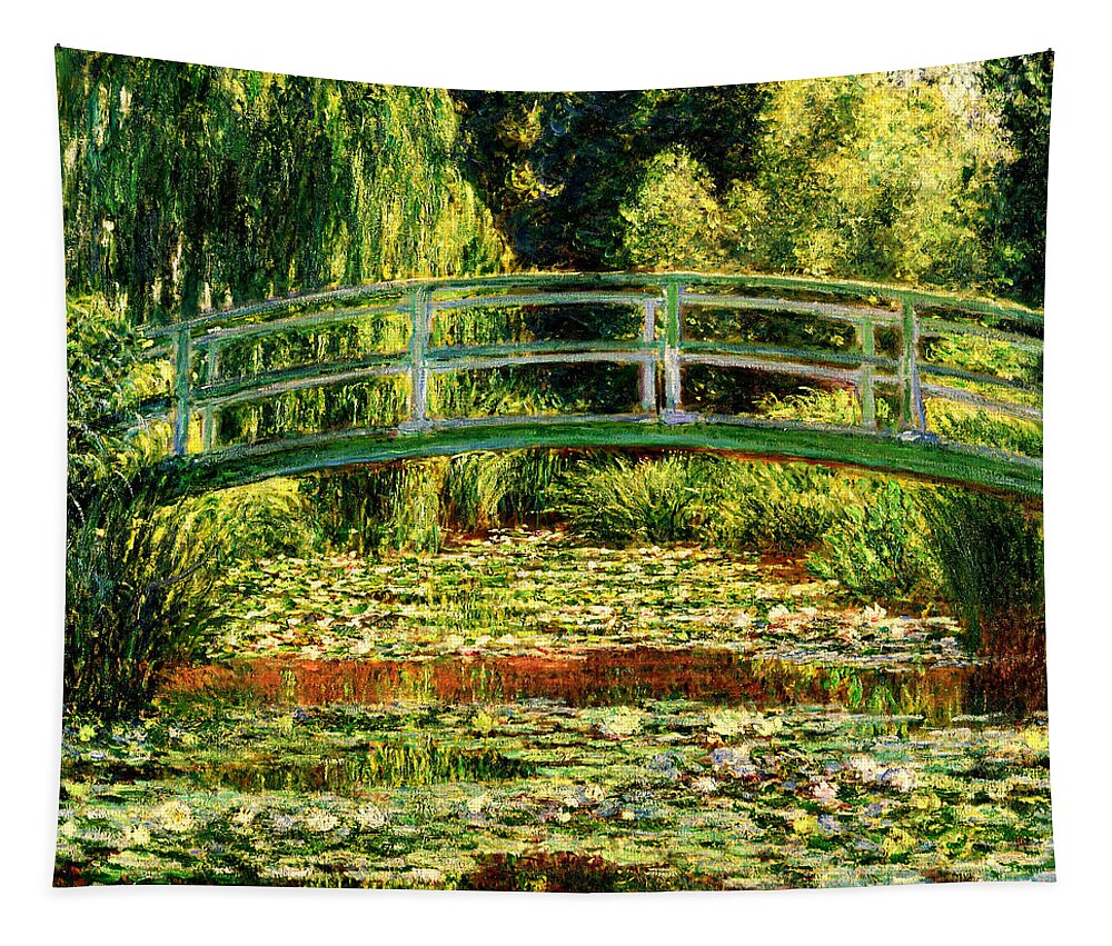 Japanese Footbridge And The Water Lily Pool Tapestry featuring the digital art The Japanese Footbridge and the Water Lily Pool, Giverny - by Claude Monet - digital enhancement by Nicko Prints
