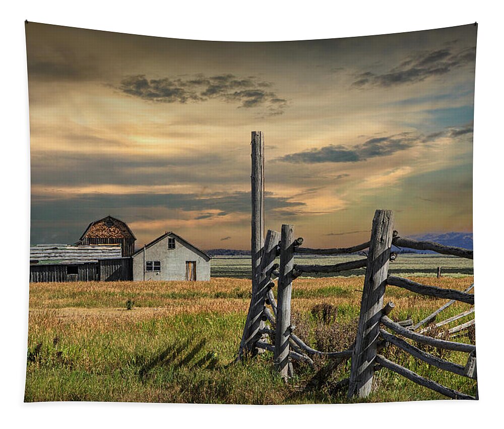 Wood Tapestry featuring the photograph The John Moulton Farm on Mormon Row with Corral Fence by Randall Nyhof