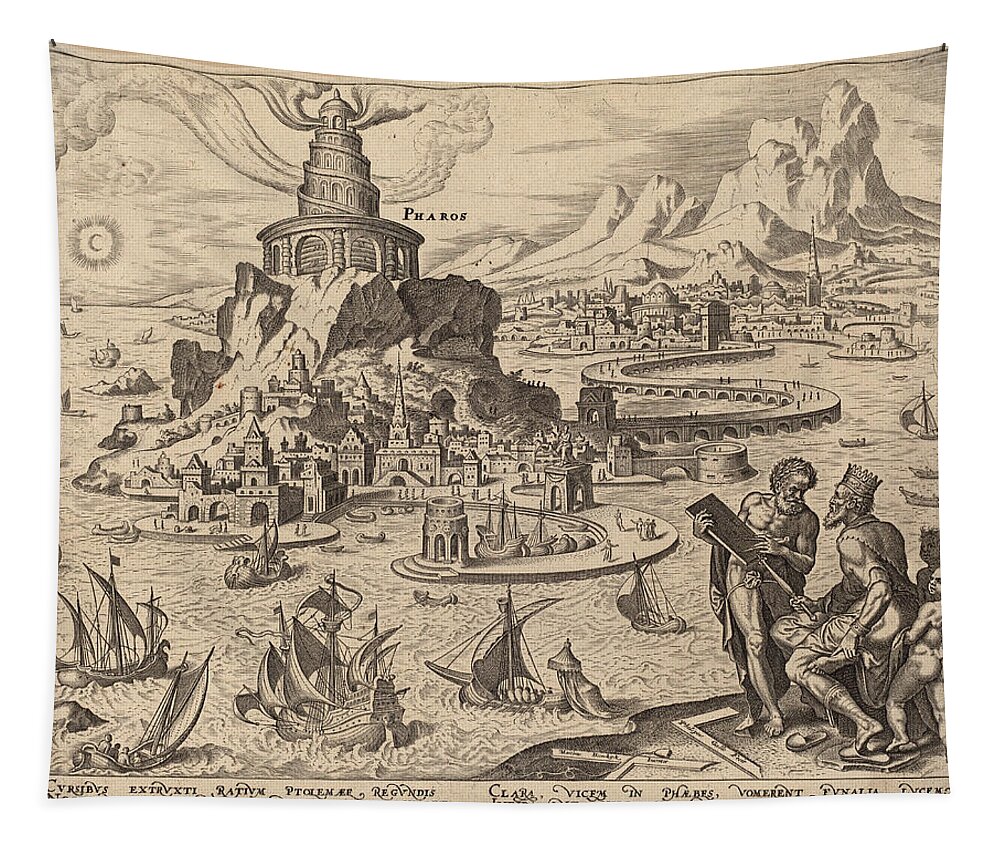 Philip Galle Tapestry featuring the drawing The Lighthouse at Alexandria by Philip Galle