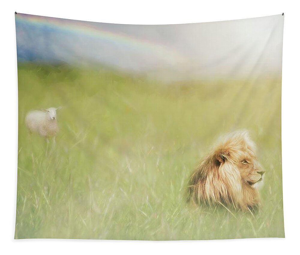 Rainbow Tapestry featuring the photograph The Lion, The Lamb, and Rainbow by Marjorie Whitley