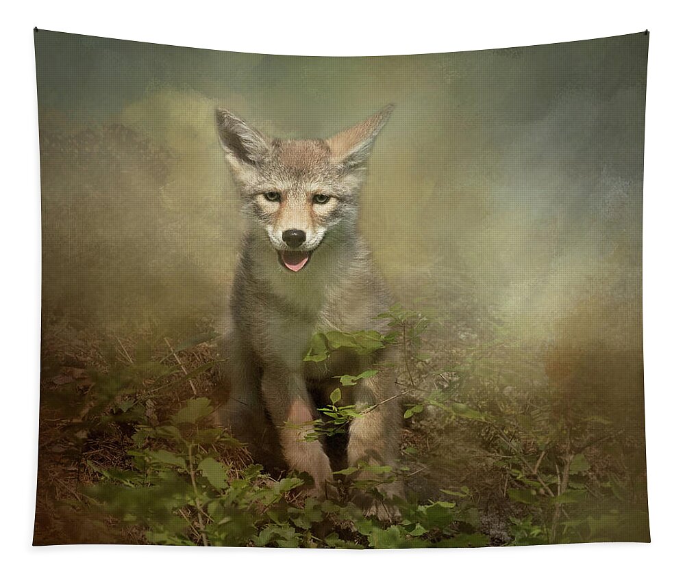 Coyote Tapestry featuring the digital art The Littlest Pack Member by Nicole Wilde
